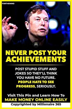 a poster with the words never post your achievements and an image of a man holding his hand up