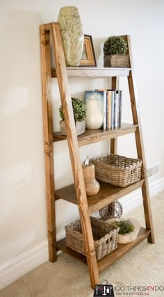 a wooden shelf with baskets and books on it