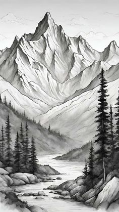 a black and white drawing of mountains with trees in the foreground, and a river running between them