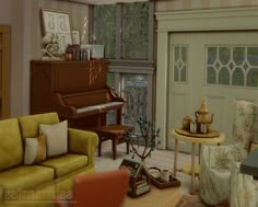 a living room filled with furniture and a piano