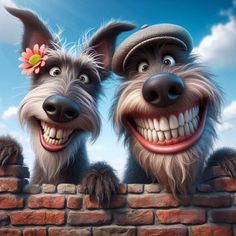 two dogs are standing behind a brick wall with their mouths open and one dog has a flower in its mouth