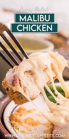 a close up of food on a fork with text overlay that reads, crispy baked malbu chicken