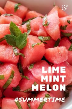 close up shot of cubed watermelon with strips of mint and mint sprig; white text overlay Watermelon Lime Salad, Watermelon Lime Mint Salad, Watermelon With Lime, Watermelon Mint Salad Summer, Watermelon Salad Dressing Recipes, Watermelon Cucumber Mint Salad, Mexican Watermelon Salad, Watermelon Appetizer Ideas