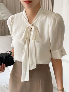 Apricot Elegant Collar Half Sleeve Fabric Plain Shirt Embellished Non-Stretch  Women Tops, Blouses & Tee Bow Tie Blouse Outfit, Tie Neck Shirt, Western Outfits Men, Trendy Shirt Designs, Dress Party Night, Fashion Tops Blouse, Tie Neck Tops, Tie Neck Blouse, Crop Top Outfits