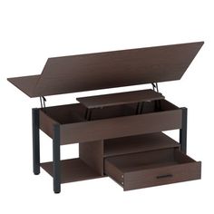 an office desk with two drawers and one open drawer on the bottom, in dark brown