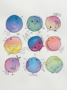 six watercolor birds with different colors on them