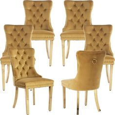 six chairs with gold colored upholstered back and legs, all in different styles