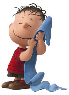 a cartoon character holding a blue object in front of his face with the words peanuts on it