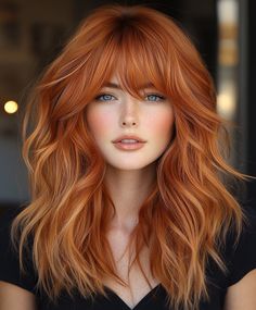 Shaggy Copper Hair using Fall Layers Rambut Brunette Evolution Natural Red Hair With Balayage, Shaggy Copper Hair, Copper Pumpkin Hair, Copper Curtain Bangs, Haircuts For Red Hair, Hair Colors For Soft Autumn, Hair Trends 2024 Fall, Shoulder Length Red Hair With Layers, Copper Hair With Curtain Bangs