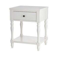 a white nightstand table with two drawers on one side and an open drawer on the other