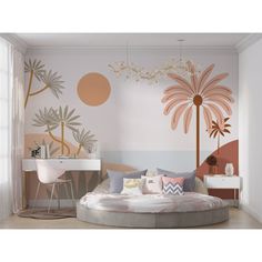 a living room with a round bed and palm tree mural on the wall behind it