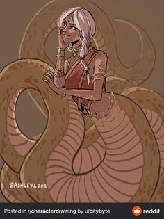 a drawing of a woman with her hand on her face next to a large snake