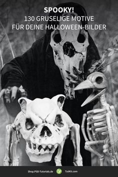 a person in a costume holding two skulls and scissors with the words spooky on it