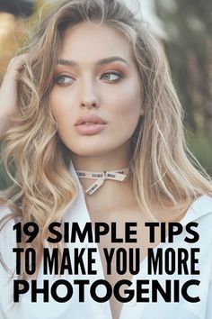 a woman with blonde hair wearing a white shirt and bow tie, text reads 19 simple tips to make you more photogenic