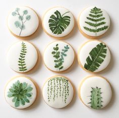 the cookies are decorated with green plants and leaves on white icing, along with an instagram caption