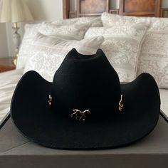 Hurricane Labs Black Cowboy Hat. Brand Is Based In Portugal. Fabric Is Wool. Gold Pendants Places On Rim Of Hat Cow Boy Hats, Cowboy Chicken, Baby Cowboy Hat, Cowboy Accessories, Small Hats, Mens Cowboy Hats, Concert Ideas, Black Cowboy Hat, Benson Boone