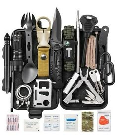 an assortment of tools and gadgets are organized in a black case on a white background