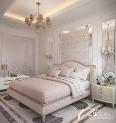 bedroom aesthetic white Pink Wallpaper Bedroom Ideas, Pink Modern Bedroom, Illuminated Ceiling, French Bedroom Design, Pink Wallpaper Bedroom, Beige Mirror, Bedroom Bright, Ceiling Interior, Classic Bedroom Design