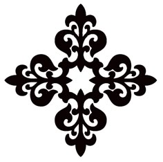 a black and white snowflake with swirls on the bottom, in an ornate pattern