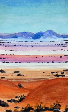 watercolor painting of desert landscape with mountains in the background