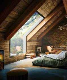 an attic bedroom with wooden walls and exposed ceiling, large bed in foreground area