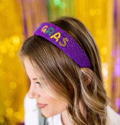 This fun headband is perfect to wear through out Mardi Gras Season! Platform Heels Boots, Mardi Gras Beads, Sandal Platform, Beaded Headband, Blue And White Dress, Platform Sandals Heels, Bow Headband, Dress Romper, Mardi Gras