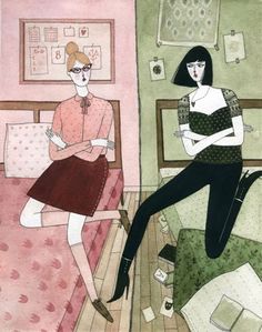 two women are sitting on a bed in a room with pink walls and wood floors