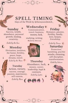 Discover the art of spell timing! Explore the best days of the week for potent magic, harnessing the energies of each day. From child love spells to weather workings, enhance your witchcraft with our printable guide. Unlock your spellcasting potential today! Spells To Do With Your Coven, Days Of Week Witchcraft, Best Days For Spells, Spells Days Of The Week, Spells For Witchcraft, Spells For Days Of The Week, Days For Spells, Days Of The Week Rituals, Days To Do Spells