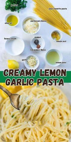 the ingredients for creamy lemon garlic pasta in bowls