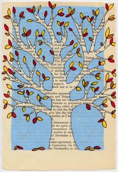 a tree with many leaves on it is depicted in an altered book page art work