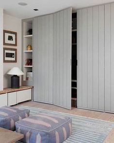 a living room filled with furniture and lots of closet space next to a wall mounted bookcase