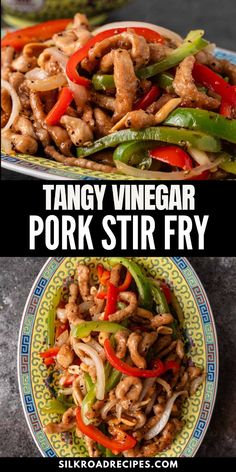 two plates filled with food and the words tangy vinegar pork stir fry