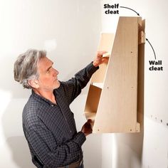 a man standing next to a wall shelf with the words shelf cleat on it