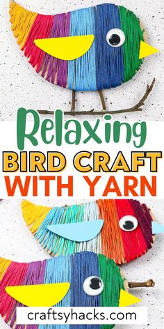 two birds made out of yarn with the words relaxing bird craft with yarn on them