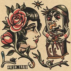 an old school tattoo design featuring two women with roses on their heads and one man's face