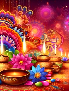 colorful diwaling with lit candles and flowers