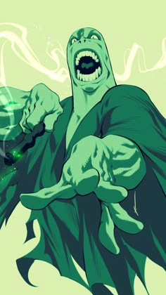 an illustration of a green monster with his mouth open and hands out in front of him