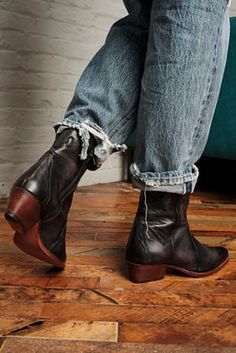 New Frontier Western Boot | Free People Western Booties With Leggings, Free People Christmas, Womans Work Boots, Leather Pants And Cowboy Boots, Style Cowboy Boots Women, Short Western Boots Outfit, Boots And Jeans, Cowboy Booties Outfit, Western Ankle Boots Outfit