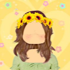 a girl with sunflowers on her head and green dress in front of a yellow background