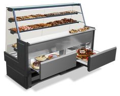 a display case filled with lots of different types of donut's and pastries