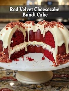 a red velvet cheesecake bundt cake with white frosting