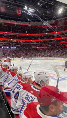 the hockey team is lined up on the ice for their next game in an arena