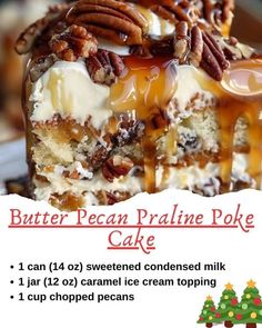 there is a piece of cake with pecans on top and caramel toppings