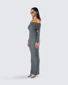 Be the chicest one in the room in this charcoal grey maxi dress 👏 With a simple, yet sleek design - this dress made from soft stretch rib fabric is complete with an off-shoulder design, a folded overlay, and long sleeves 🖤 Evening Ribbed Long Maxi Dress, Chic Gray Maxi Dress, Grey Maxi, Off Shoulder Maxi Dress, Style Goals, Grey Maxi Dress, Rib Fabric, Big Girl Fashion, Dreamy Dress