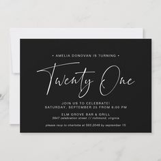 an elegant black and white birthday party card with the words twenty one on it's front