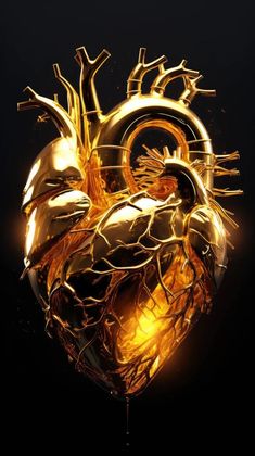 a golden heart on a black background with some light coming from the inside and around it