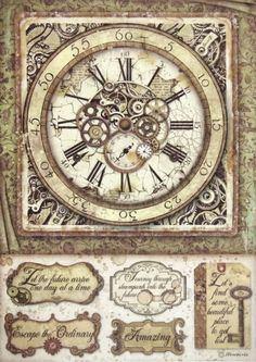 an old clock with ornate designs on the front and back sides, including labels, tags, and stickers