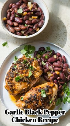 two white plates topped with chicken and beans