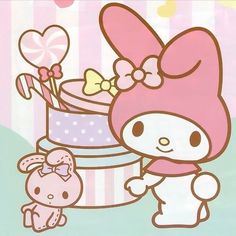 an image of a hello kitty holding a cake with a bunny next to it on a striped background