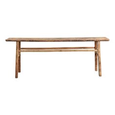 an old wooden table with two legs and a bench top on the bottom, against a white background